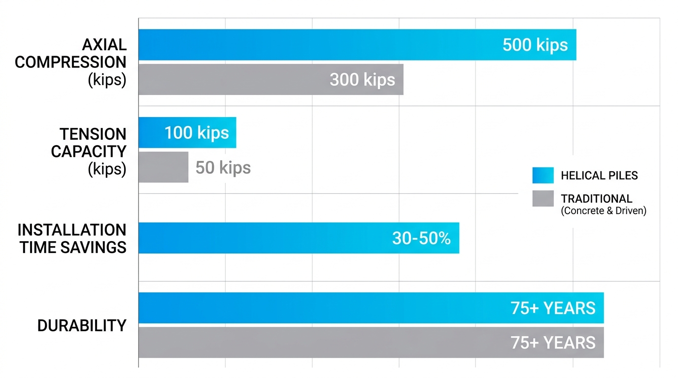 Bar chart comparing helical piles advantages over traditional methods in compression, tension, installation time, and durability