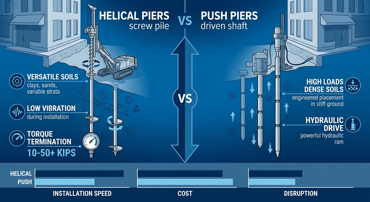 Infographic comparing helical piers and push piers: diagrams, pros, bar chart on speed, cost, disruption for foundation repair.