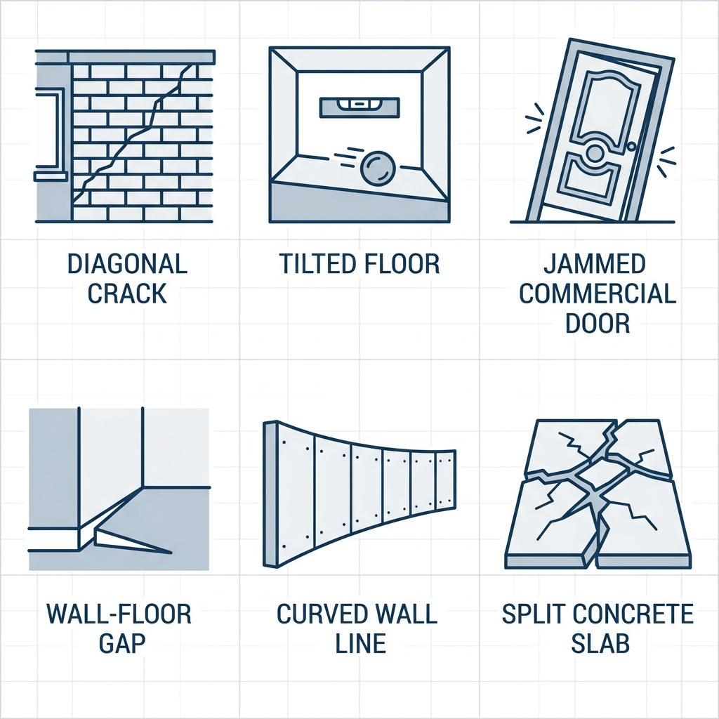 Grid of six outline icons depicting early warning signs of foundation settlement: diagonal cracks, sagging floors, sticking doors, frame gaps, bowing walls, slab cracks.