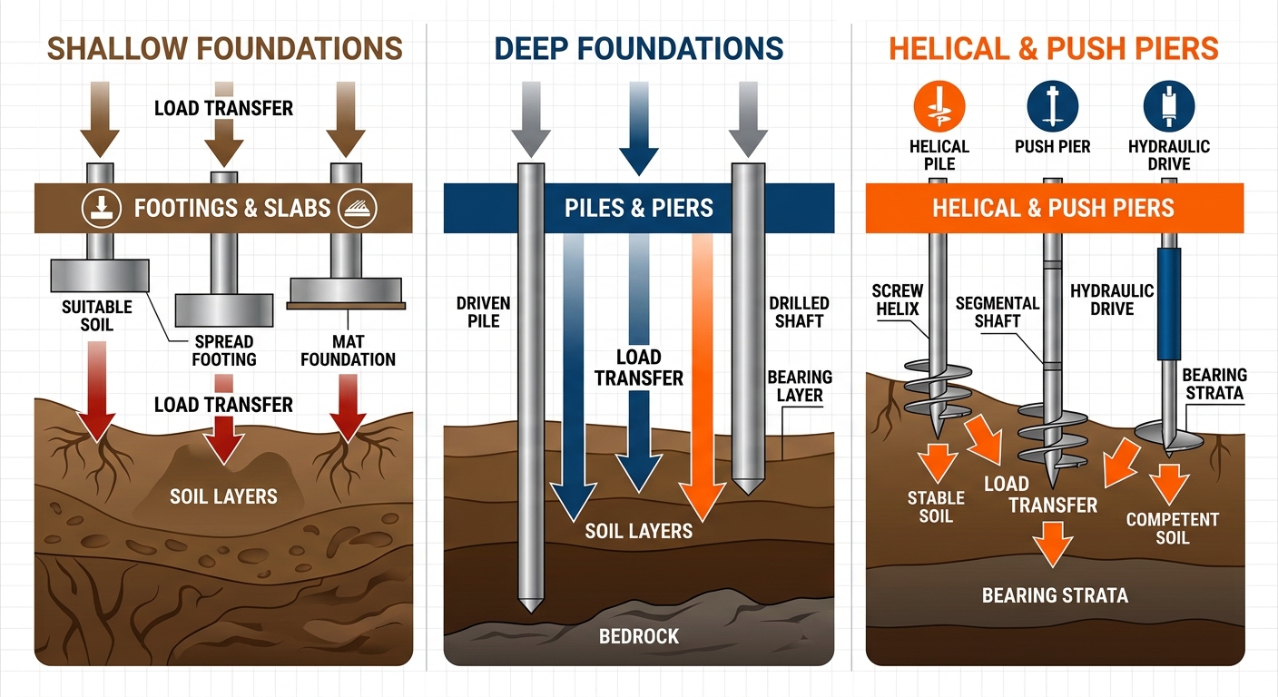 Infographic showing three categories of building structural supports: shallow foundations in brown tones, deep foundations in gray, helical and push piers in blue and orange with icons, arrows, and soil layers.