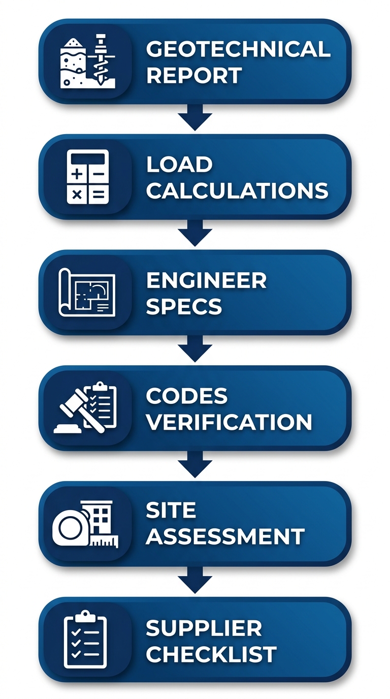Vertical process flow diagram of six essential preparations before purchasing helical tiebacks: geotechnical soil report, load calculations, engineer specs, building codes verification, site logistics assessment, and supplier checklist.