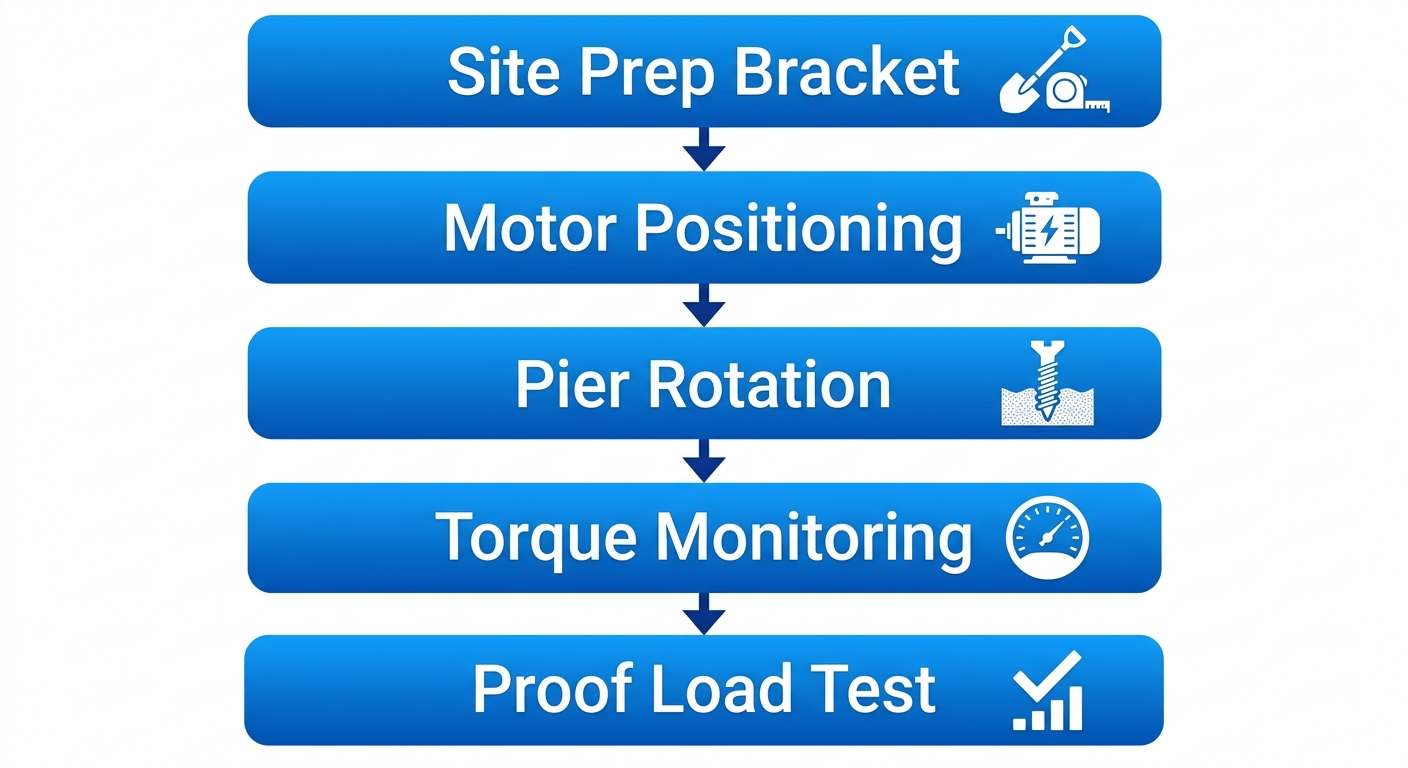 Vertical process flow diagram illustrating five stages of helical piers installation: site preparation, motor positioning, pier rotation, torque monitoring, and proof load testing.