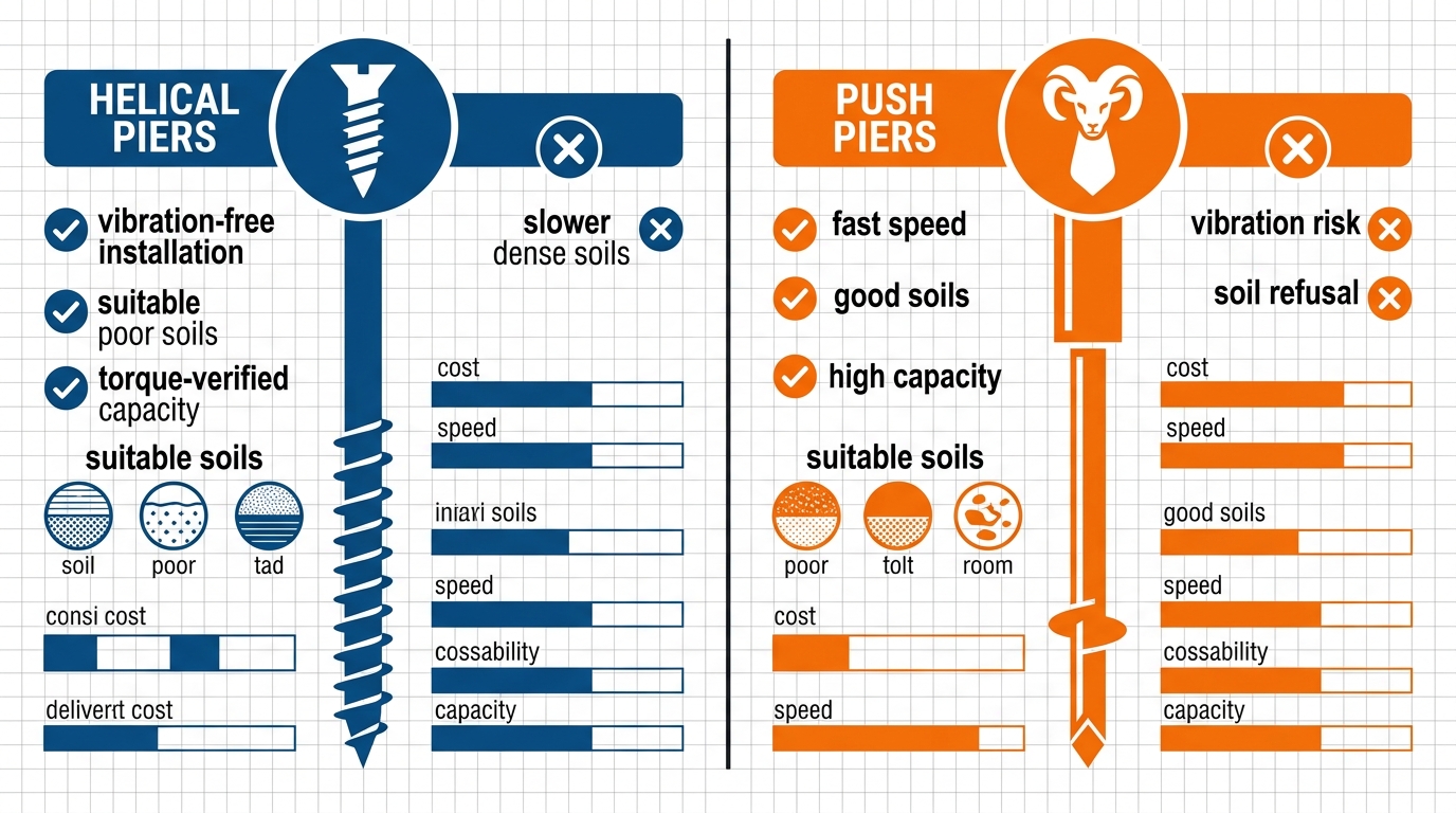 Infographic comparing helical piers and push piers pros cons installation soil suitability with icons bars