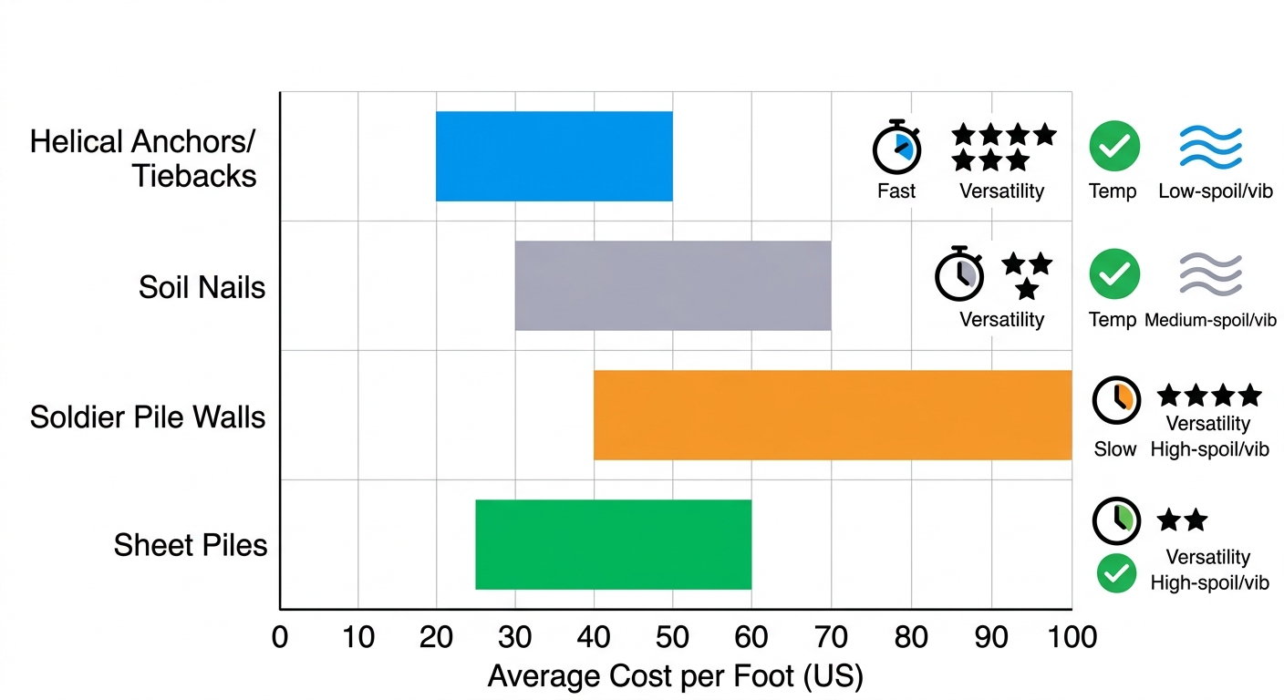 Horizontal bar chart comparing earth retention systems: costs per foot, speed, versatility, suitability icons for Helical Anchors, Soil Nails, Soldier Piles, Sheet Piles