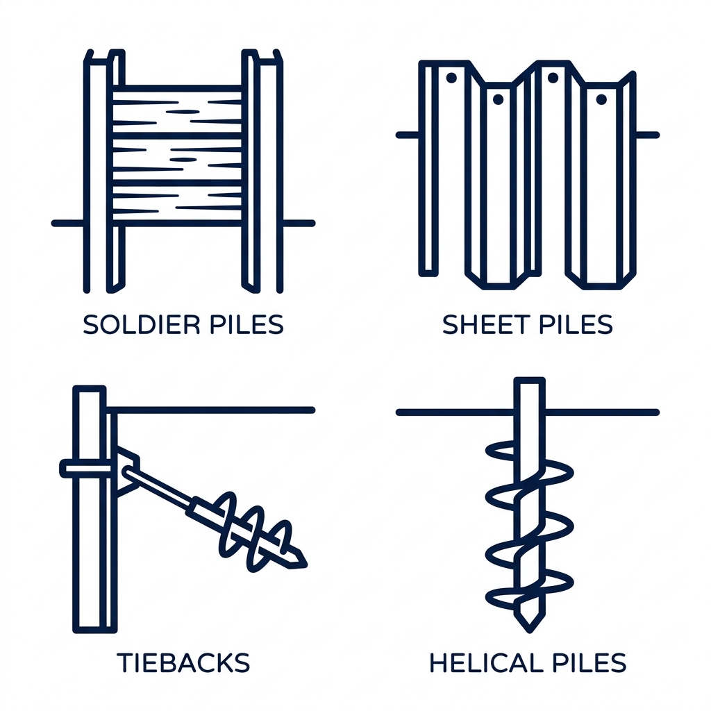 2x2 grid of modern outline icons depicting soldier piles, sheet piles, tiebacks, and helical piles for earth retention systems with minimal labels.
