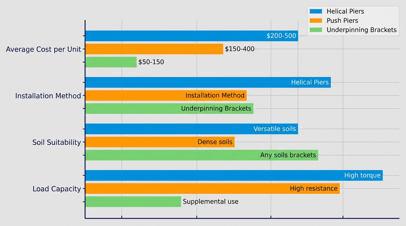 Grouped bar chart comparing foundation repair systems by cost, installation method, soil suitability, and load capacity