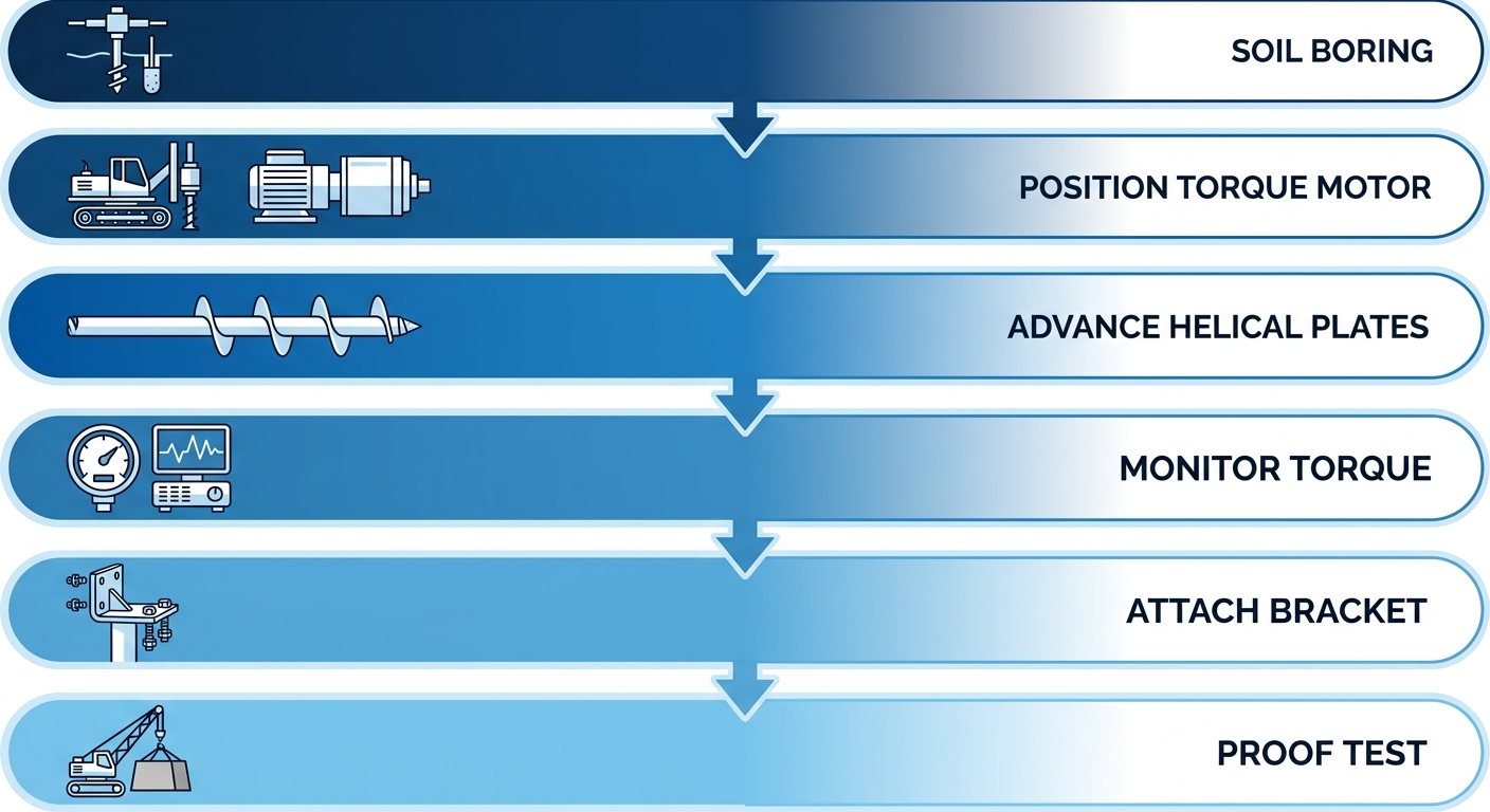 Vertical process flow diagram illustrating 6 steps of helical foundation anchor installation with icons and labels