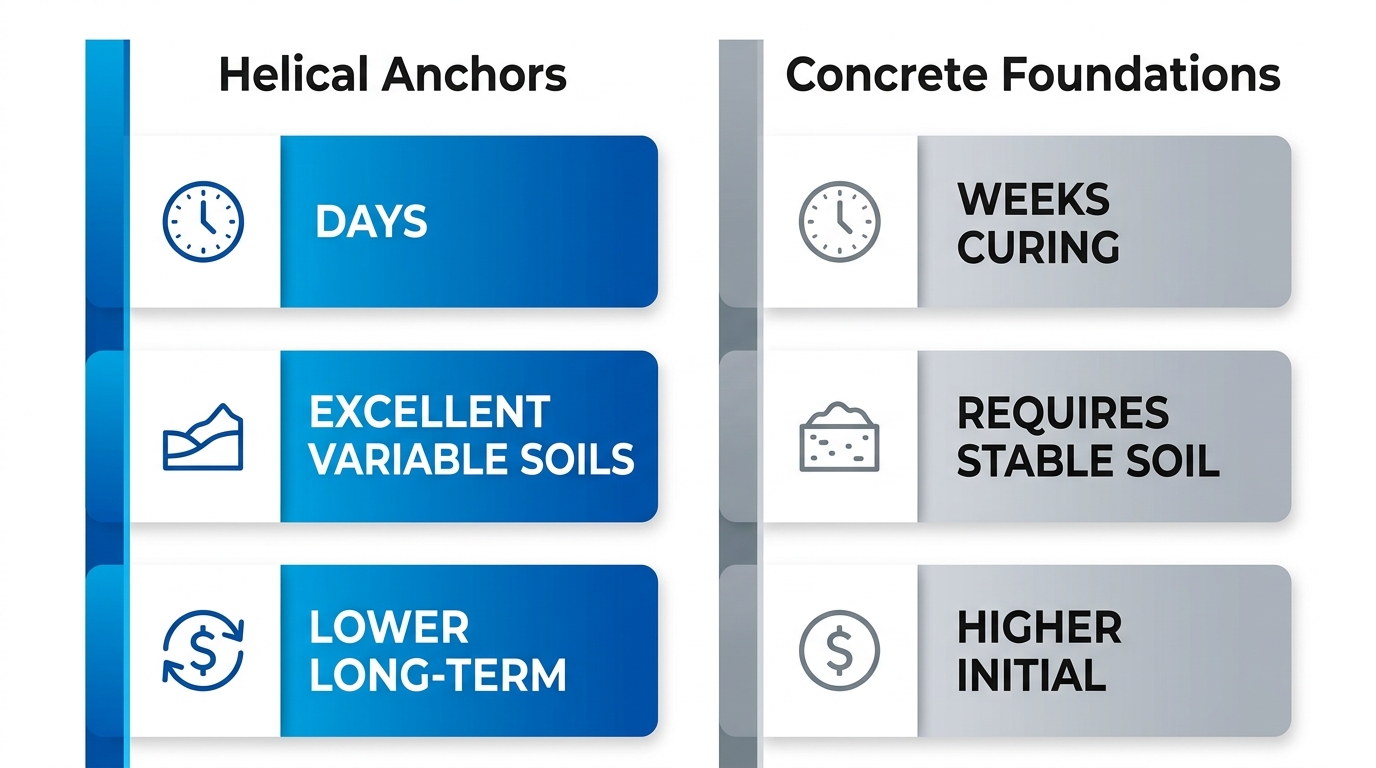 Infographic comparing helical foundation anchors advantages over concrete foundations in time, soil, and cost