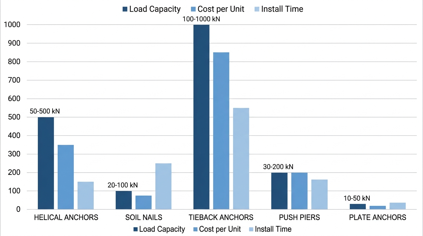 Bar chart comparing load capacities, cost, and install time of five geotechnical anchoring systems including helical anchors