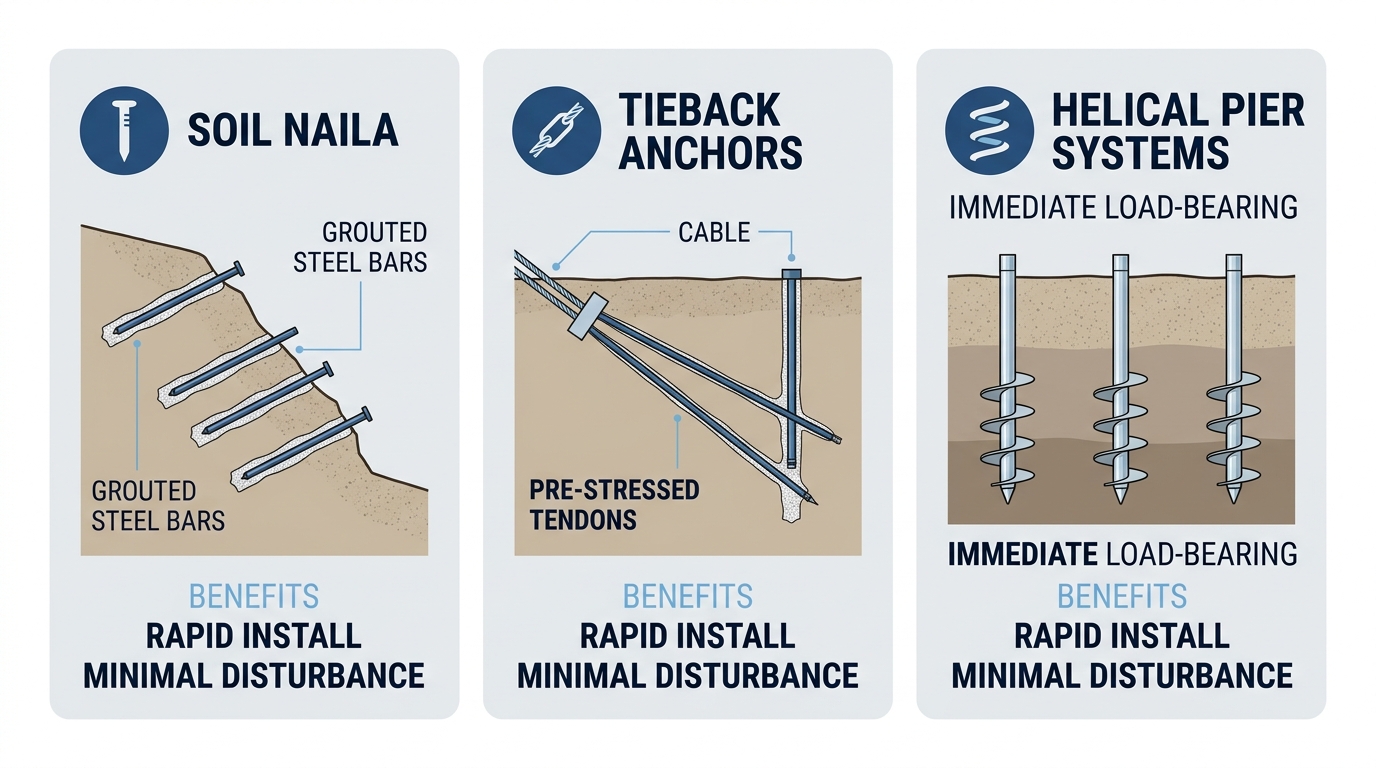 Infographic illustrating soil nails, tieback anchors, and helical piers with key benefits