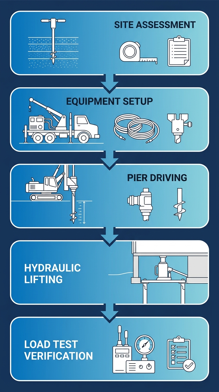 Vertical process flow diagram of five stages for house stabilization equipment installation: site assessment, equipment setup, pier driving, hydraulic lifting, load test verification using helical piers.
