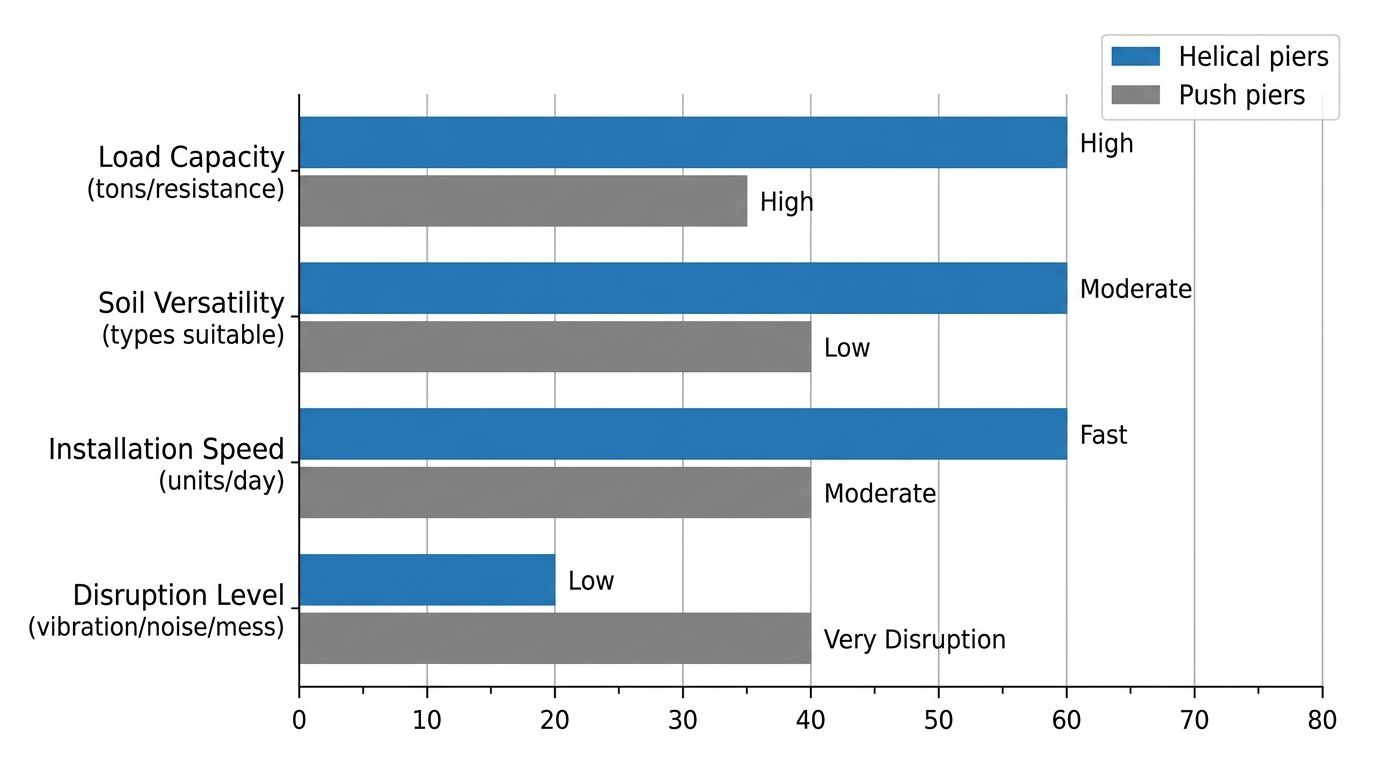 Horizontal grouped bar chart comparing helical piers and push piers on load capacity, soil versatility, installation speed, and disruption level