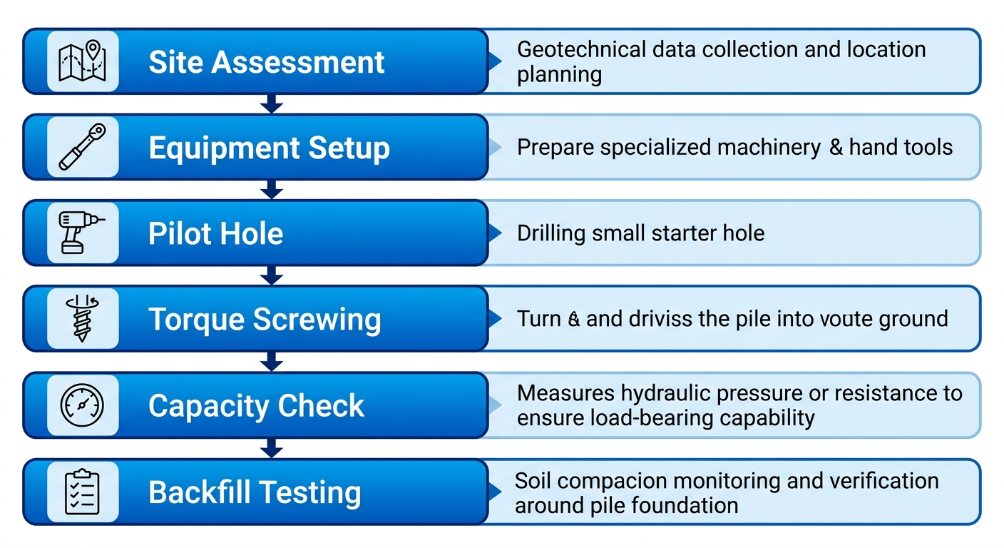 Vertical process flow diagram illustrating 6-step installation of ground screw piles with icons and minimal labels.