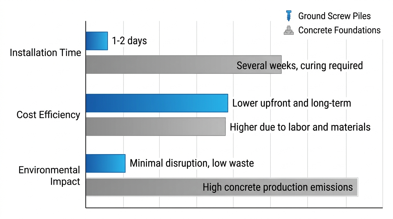 Horizontal bar chart comparing Ground Screw Piles and Concrete Foundations on installation time, cost efficiency, and environmental impact