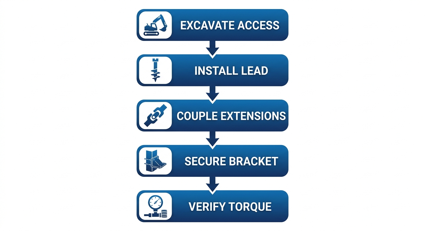 Vertical process flow diagram illustrating the five key steps in helical pier installation for foundation repair, featuring icons for excavation, installation, coupling, securing, and torque verification.