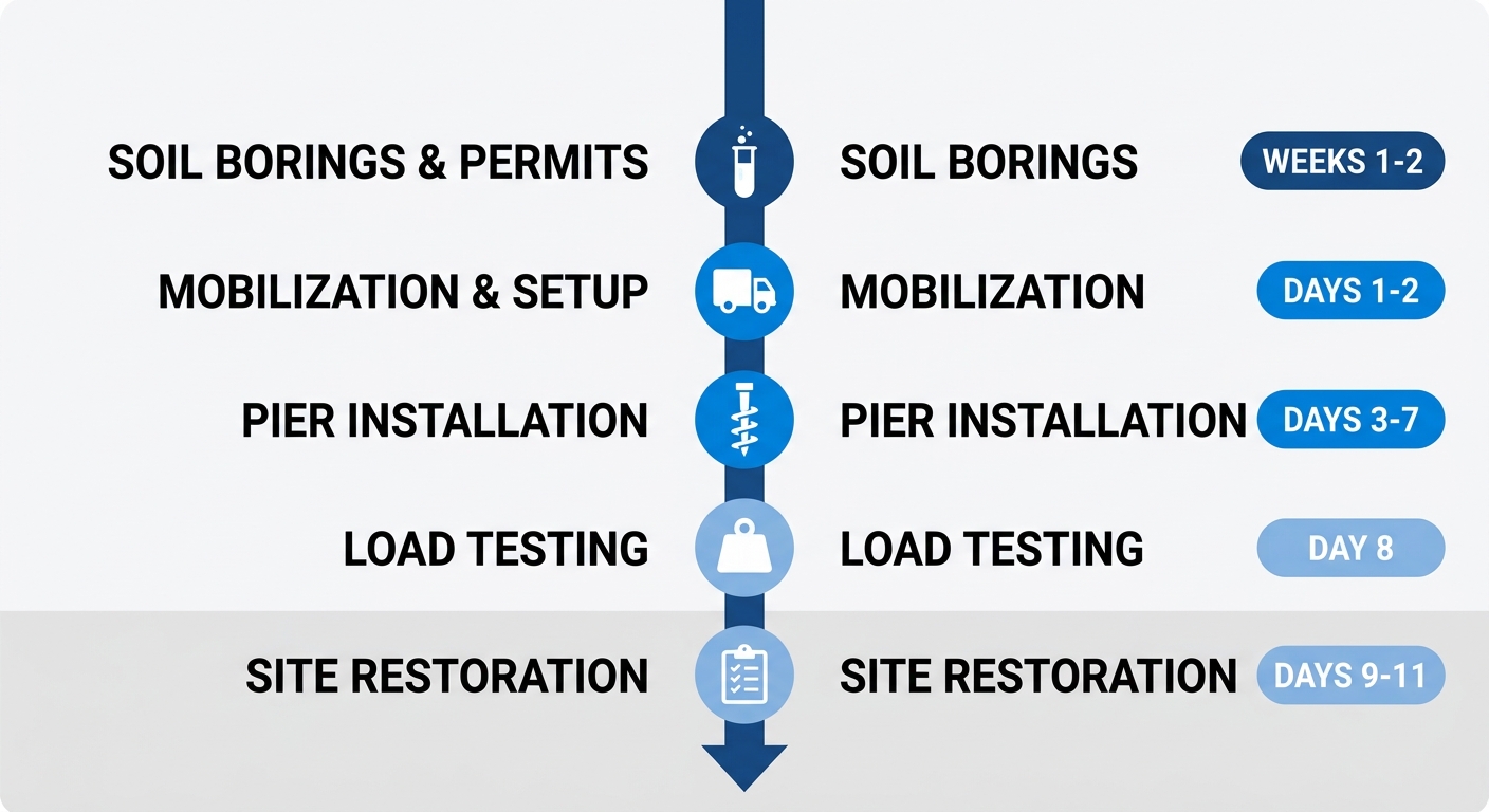 Vertical timeline illustration of helical pier installation process for residential foundation repair, featuring five stages: soil borings and permits, mobilization, pier installation, load testing, and site restoration with icons and durations.