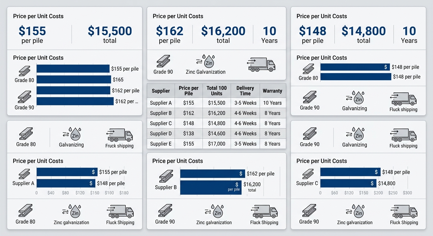 Infographic comparing wholesale helical pile prices, supplier factors, delivery, and warranty with bar chart