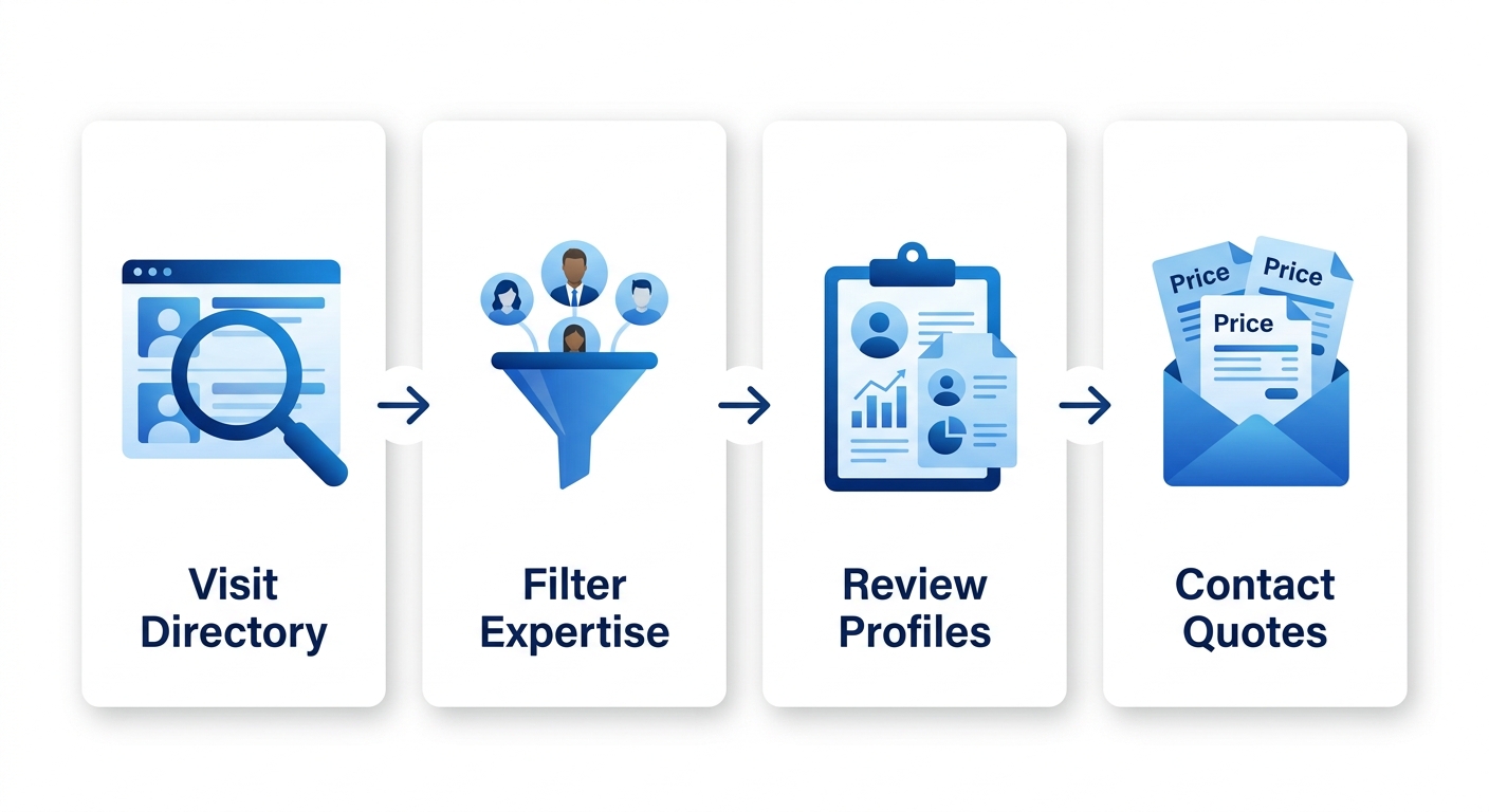 Horizontal process flow diagram with four steps to secure reliable suppliers for helical piles: visit directory, filter by expertise, review profiles, contact for quotes.