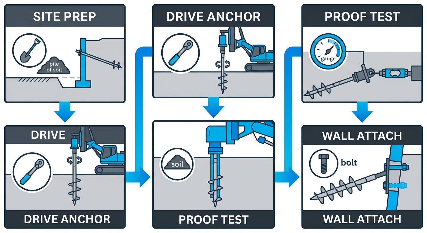 Vertical process flow diagram illustrating five steps of helical tieback anchor installation for retaining walls with icons and arrows