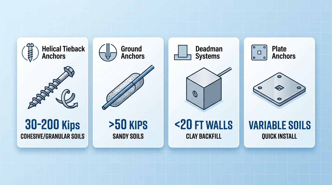 Infographic grid comparing four retaining wall anchors: helical tieback, ground, deadman systems, plate anchors with icons, load capacities, and soil types