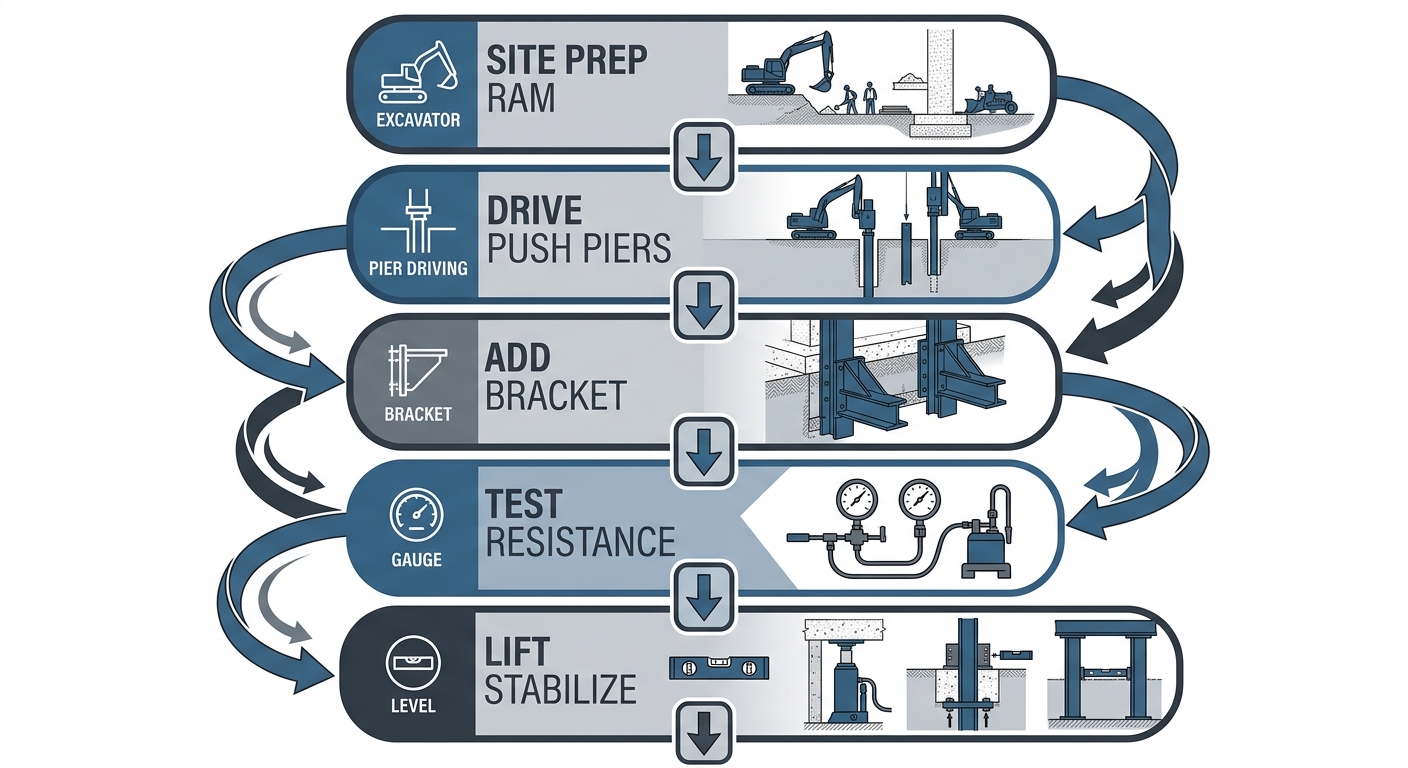 Vertical process flow diagram of steel foundation underpinning steps with push piers and helical branch