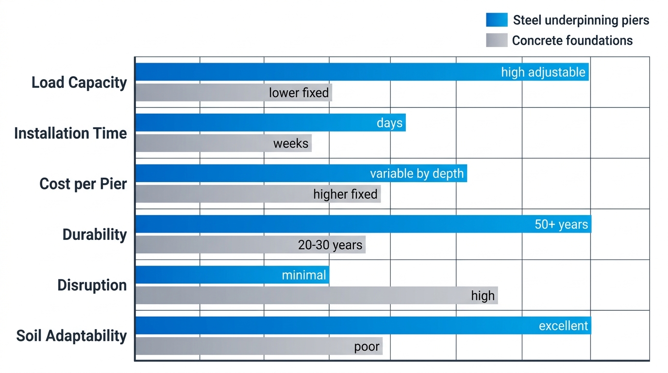 Horizontal grouped bar chart comparing advantages of steel underpinning piers over concrete foundations across key features like load capacity and durability