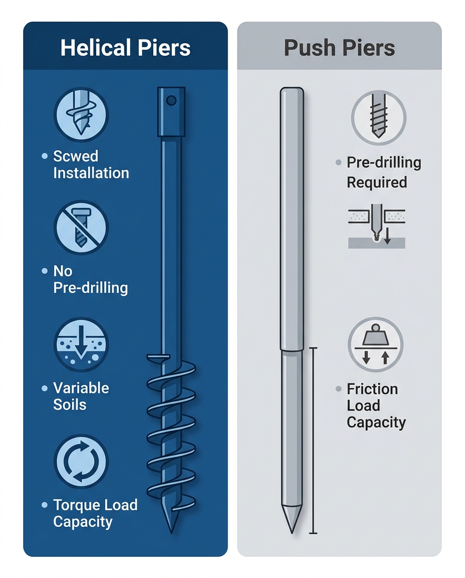 Infographic comparing helical piers and push piers features side-by-side with icons and short labels