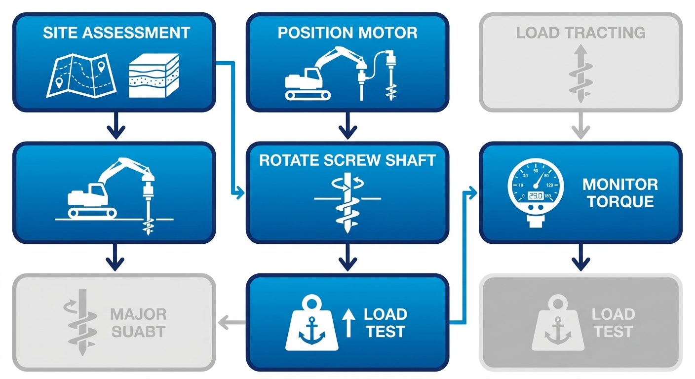 Vertical process flow diagram of five stages in helical pier installation for foundation repair