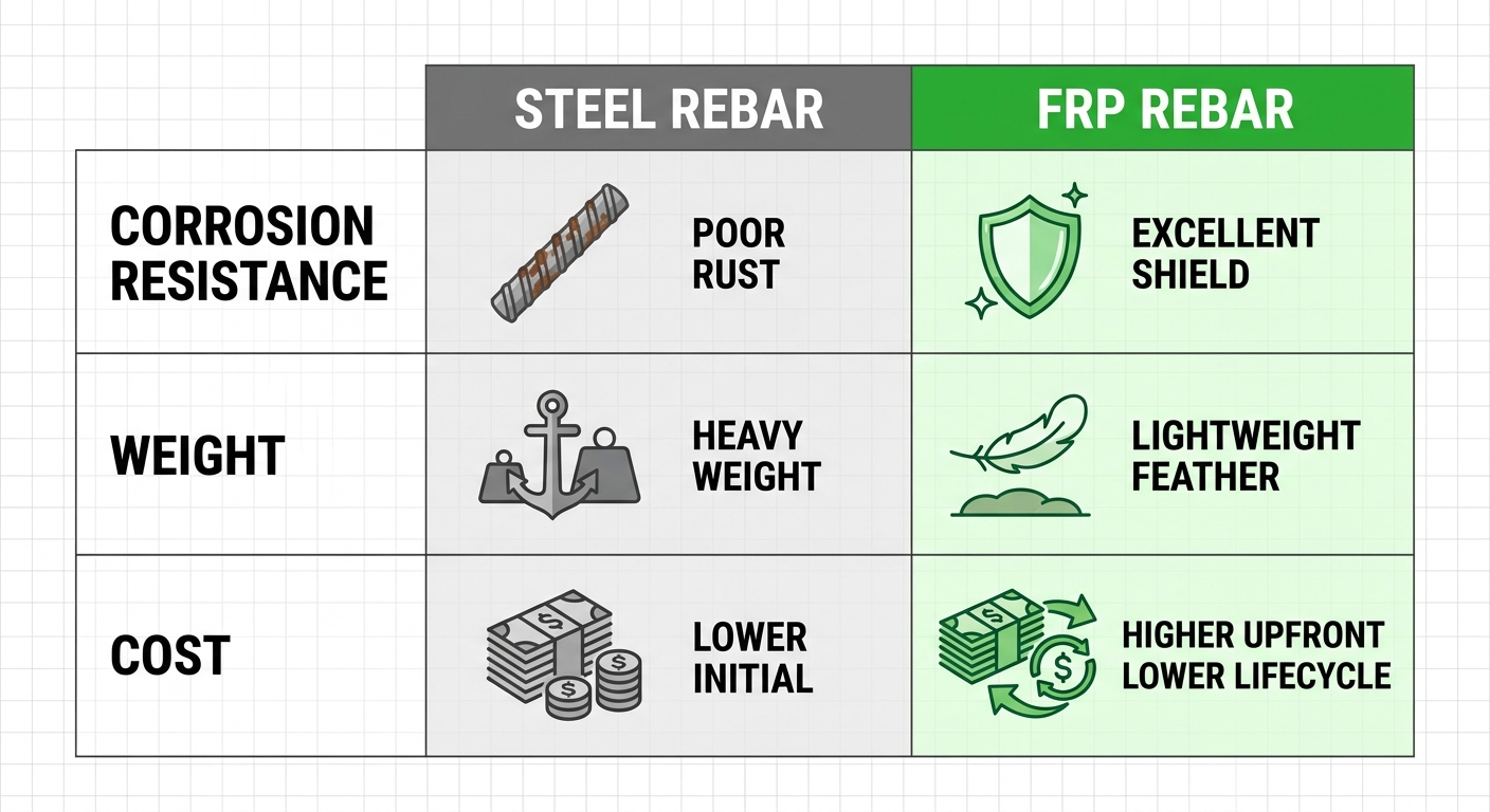 Infographic table comparing Steel Rebar and FRP Rebar on corrosion resistance, weight, and cost with icons, gray for steel, green for FRP.