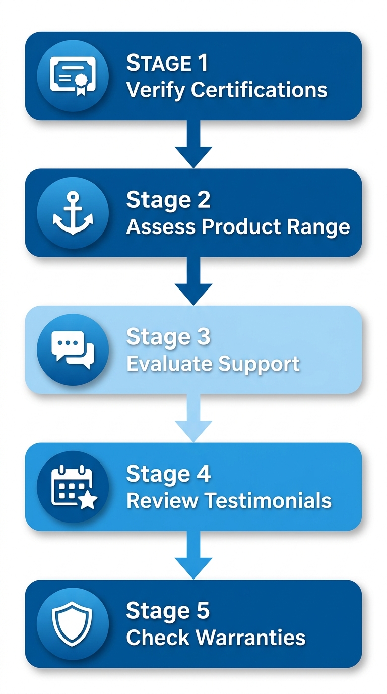 Vertical process flow diagram illustrating five steps for selecting reliable foundation repair suppliers including certifications, products, support, testimonials, and warranties