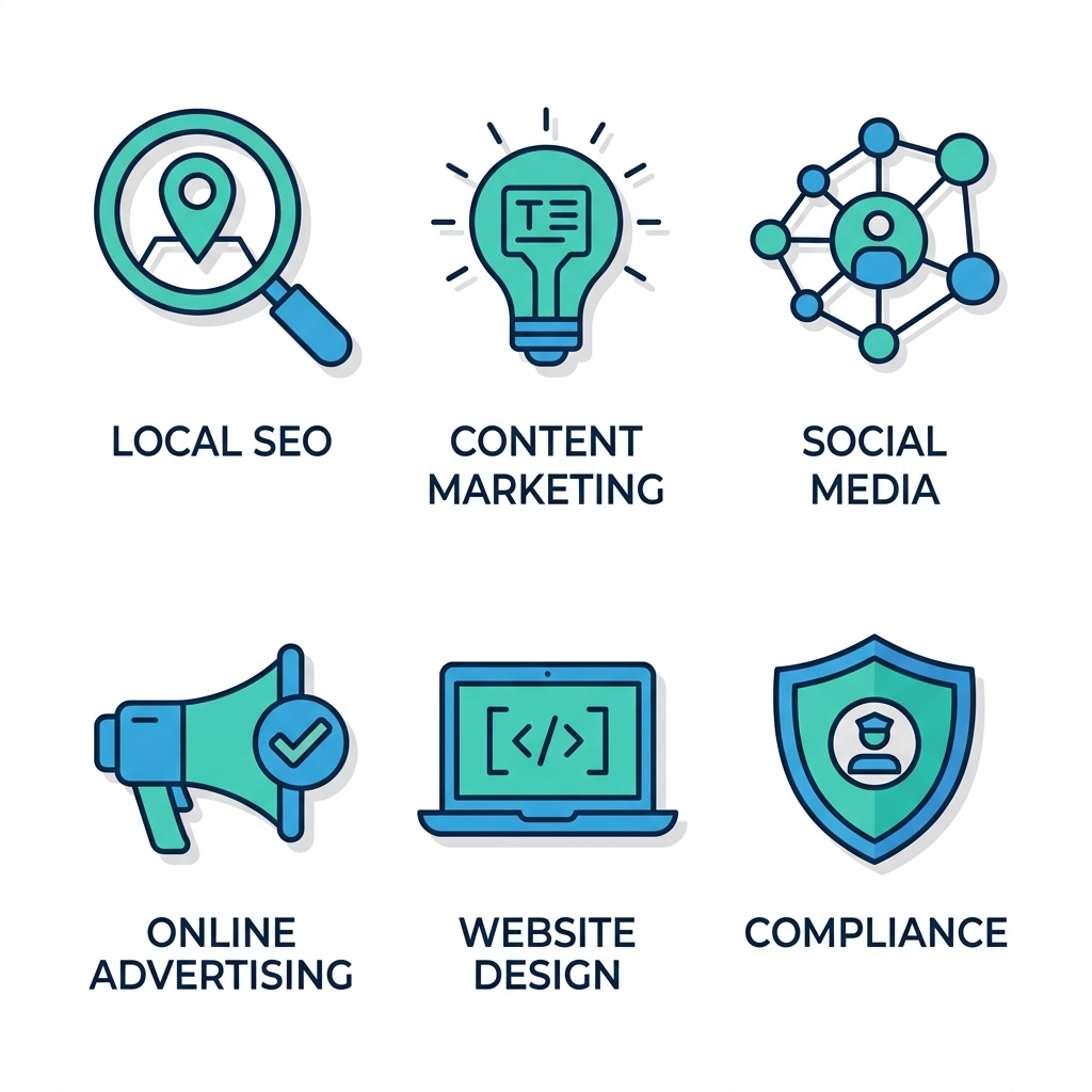 Digital marketing services including local SEO, content marketing, social media, website design, and online marketing