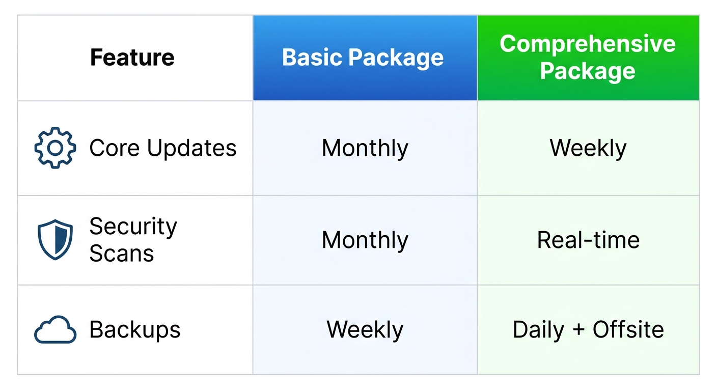 Comparison of basic and comprehensive website maintenance features