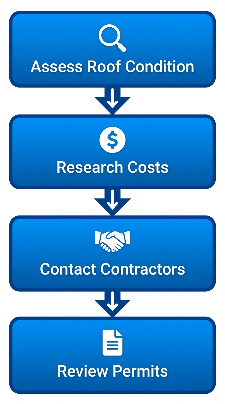 Vertical process flow diagram for starting a roofing project in Charlotte with 4 steps: assess condition, research costs, contact contractors, review permits