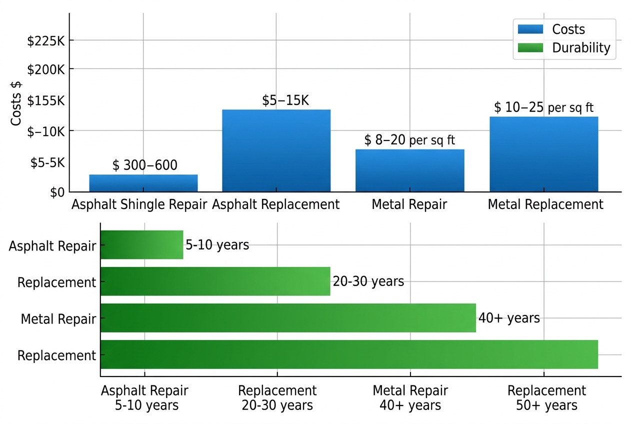 Bar charts comparing repair and replacement costs and durability for asphalt shingle and metal roofs in Charlotte
