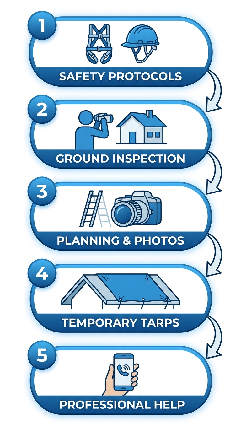 Vertical process flow diagram outlining 5 steps to start a roof repair project: safety protocols, ground inspection, planning and photos, temporary tarps, professional help.