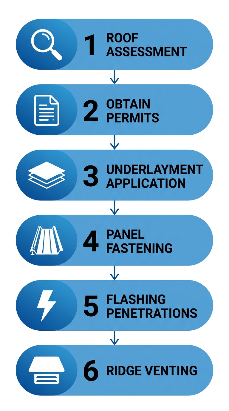 Vertical process flow diagram illustrating six key steps in metal roof installation: assessment, permits, underlayment, panel fastening, flashing, and ridge venting with icons.