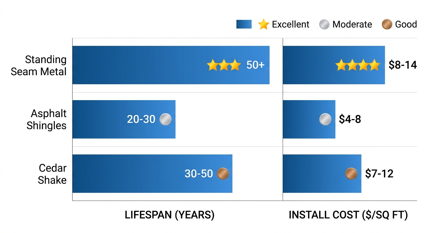 Grouped bar chart comparing lifespan, installation costs, and durability ratings of standing seam metal, asphalt shingles, and cedar shake roofing materials for Charlotte climate