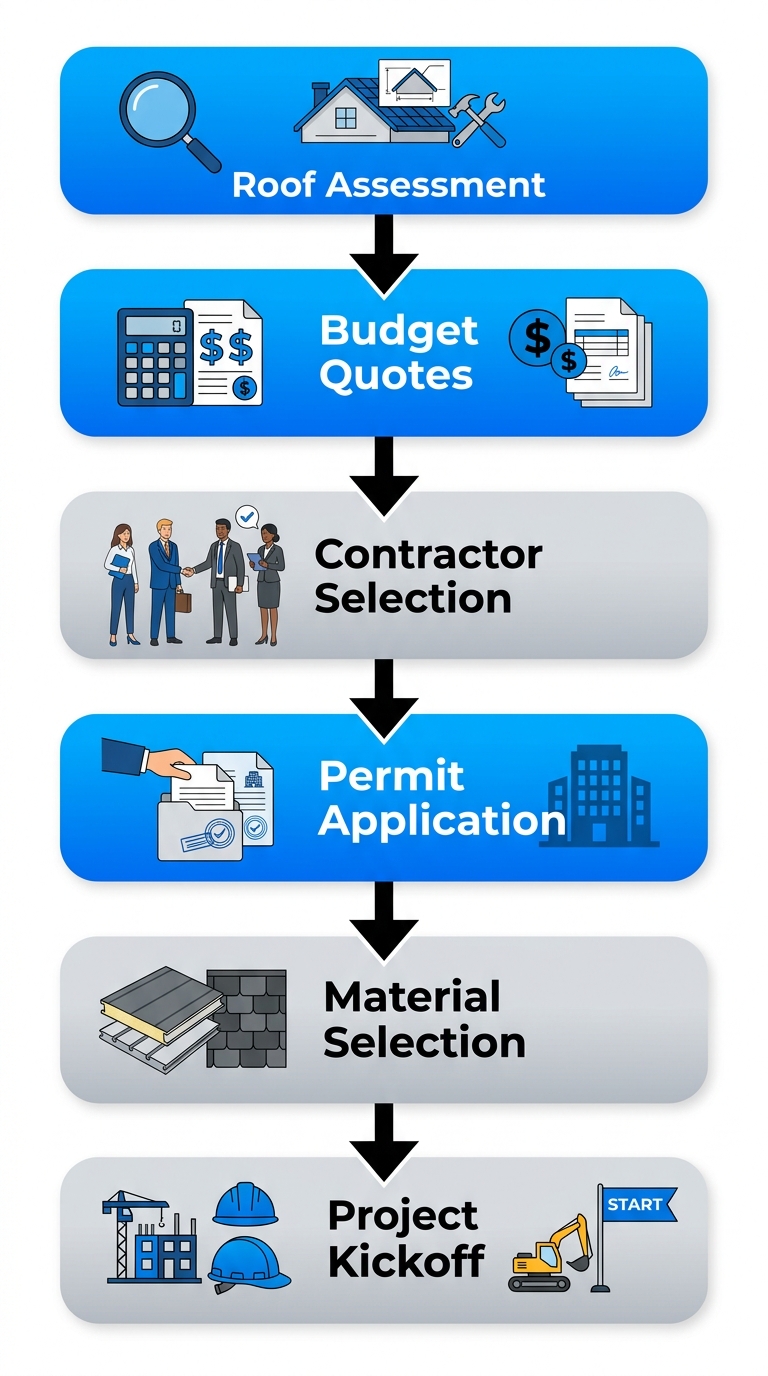 Vertical process flow diagram of 6 steps to begin commercial roofing project in Charlotte: assessment, budgeting, selection, permits, materials, kickoff with icons.