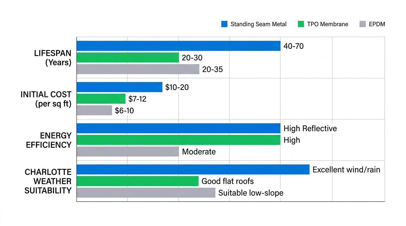 Horizontal bar chart comparing Standing Seam Metal, TPO Membrane, and EPDM commercial roofing systems across key criteria for Charlotte's climate.