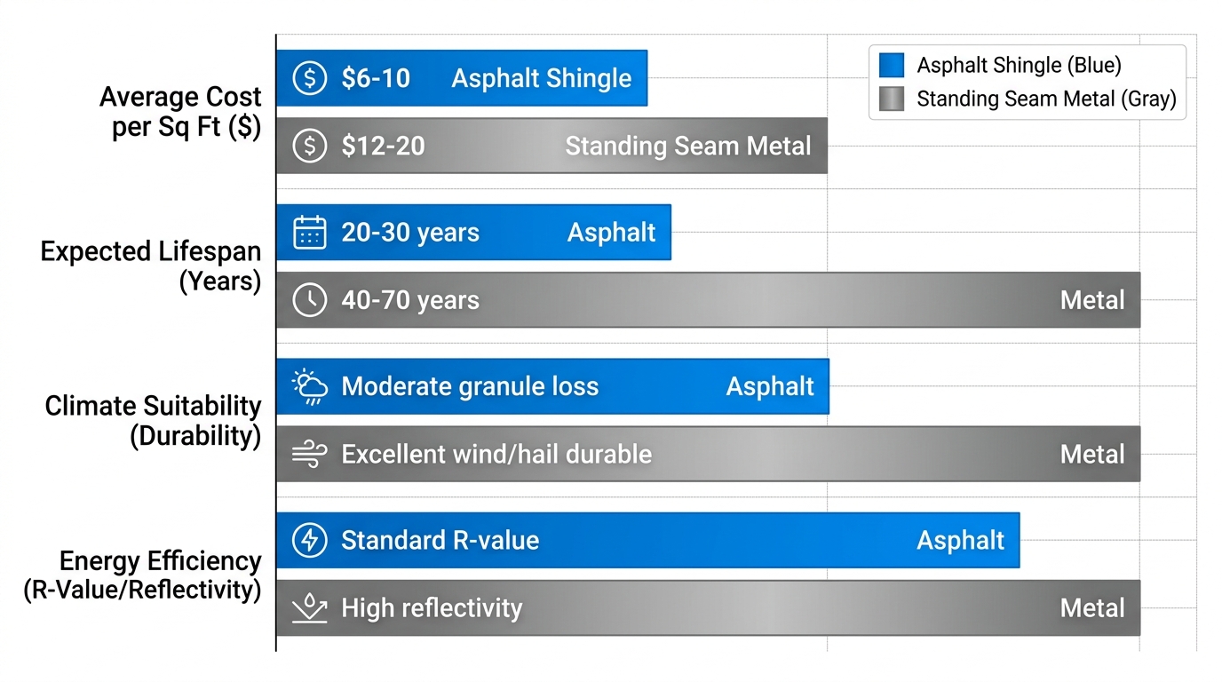 Bar chart comparing cost per square foot, lifespan, climate suitability, and energy efficiency of asphalt shingle versus metal roofing in Charlotte