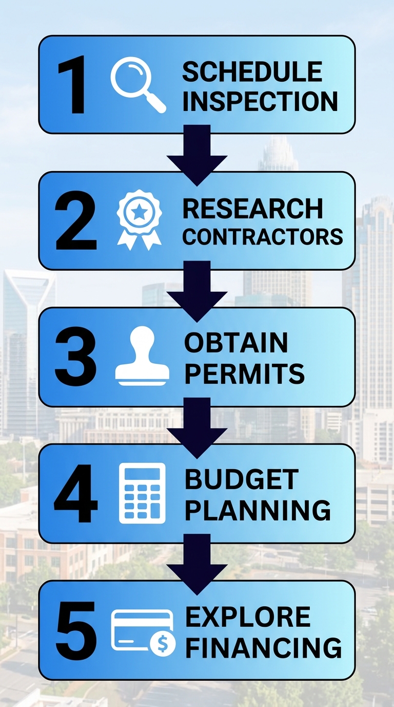 Vertical process flow diagram of 5 steps to start roof replacement in Charlotte: schedule inspection, research contractors, obtain permits, budget, explore financing with icons.