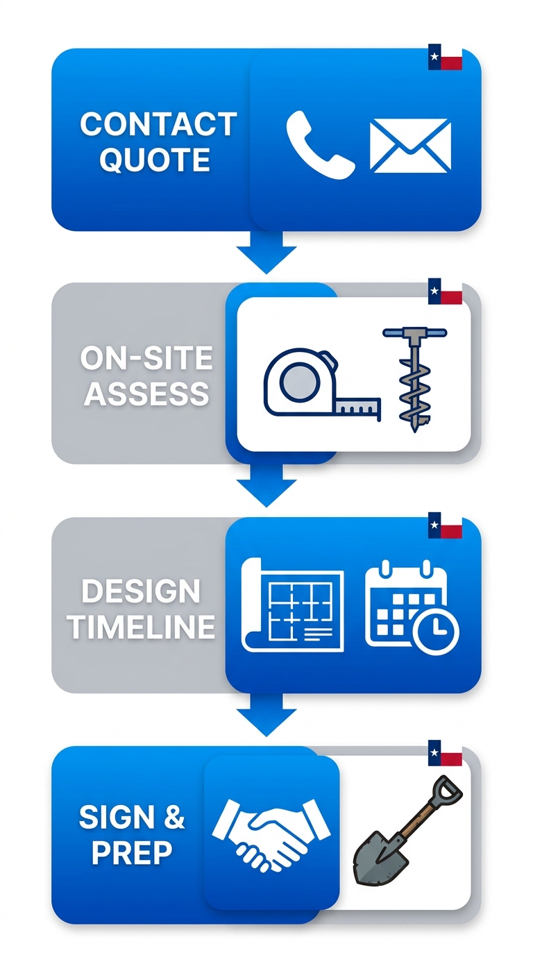 Vertical process flow diagram showing 4 steps to start with Odessa Concrete Contractors: contact for quote, on-site assessment, design options, sign contract and site prep.