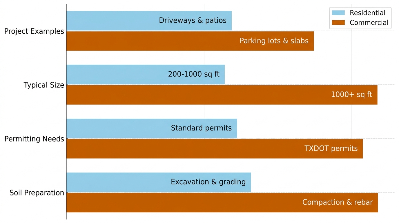 Horizontal grouped bar chart comparing residential and commercial concrete projects in Odessa, Texas by project type, size, permits, and soil prep