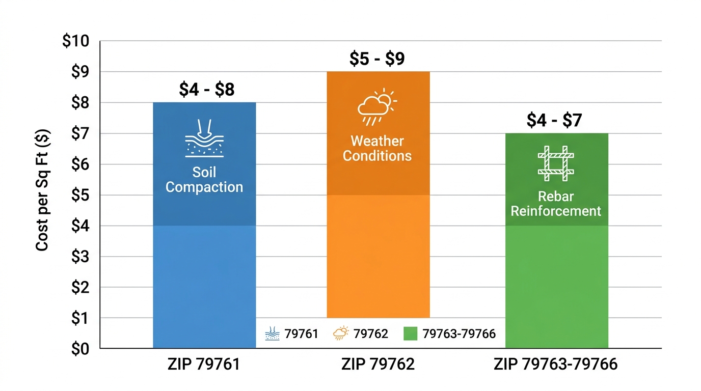 Bar chart comparing concrete driveway costs per square foot by Odessa ZIP codes 79761-79766 with icons for soil, weather, and rebar factors