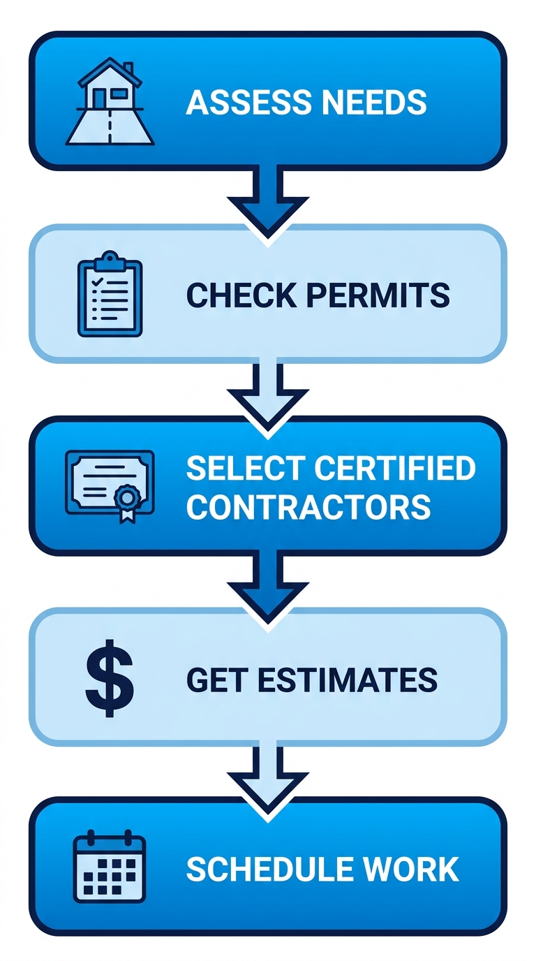 Vertical process flow diagram illustrating five steps to start a concrete project in Odessa TX with icons for assessing needs checking permits selecting certified contractors getting estimates and scheduling work.