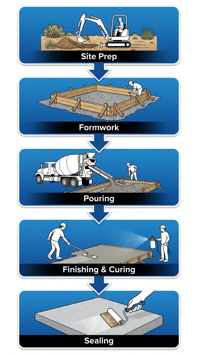 Vertical process flow diagram of 5 stages for concrete patio installation: site prep, formwork, pouring, finishing and curing, sealing