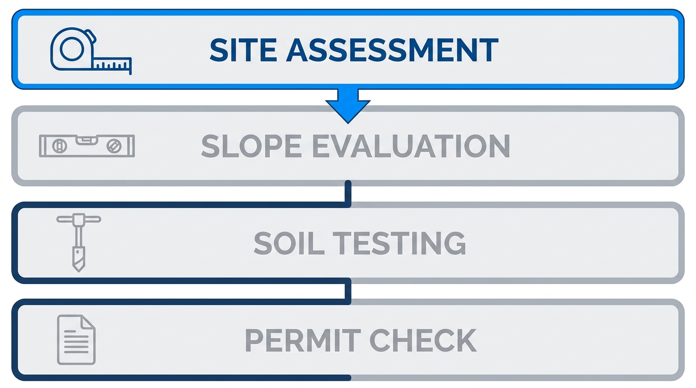 Vertical process flow diagram with four stages: site assessment with measuring tape, slope evaluation with level, soil testing with probe, permit check with document for Odessa concrete driveway project.