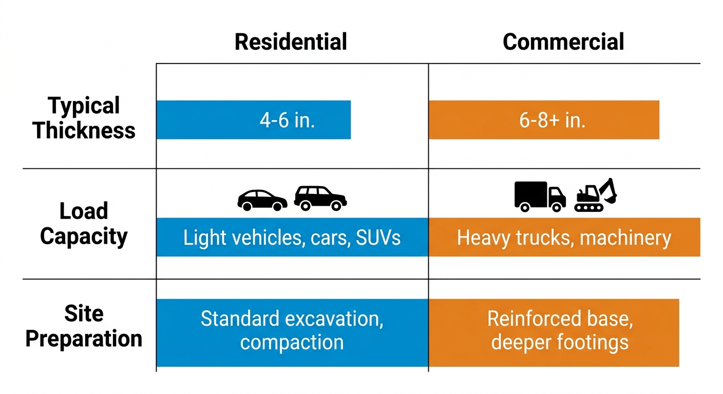 Side-by-side comparison chart of residential versus commercial concrete driveway requirements in Odessa TX: thickness, load capacity, site preparation.