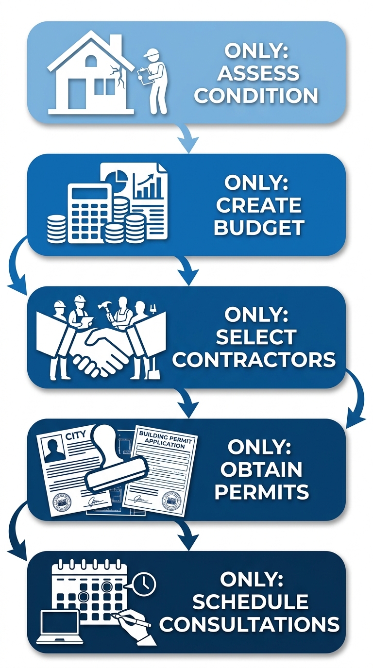 Vertical process flow diagram of 5 steps to start a whole home remodel: assess home condition, create budget, select contractors, obtain permits, schedule consultations, with icons and connecting arrows