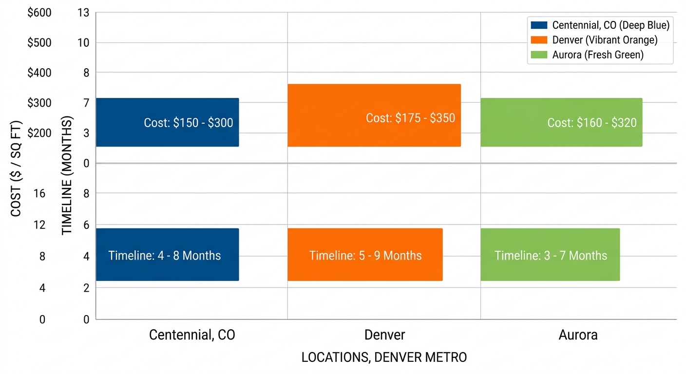 Grouped horizontal bar chart of home remodeling costs and timelines in Centennial CO, Denver, and Aurora